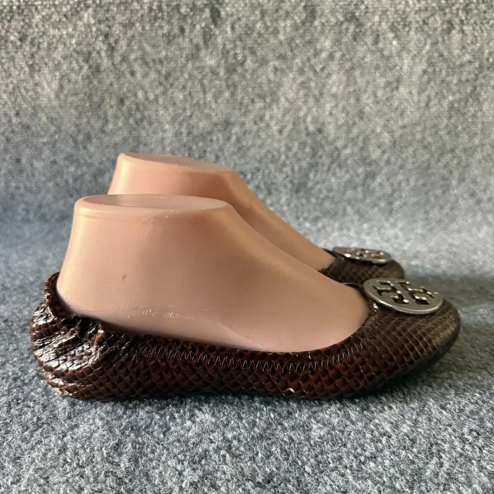 Tory Burch Reva Ballet Flat in Burgundy Snakeskin Print with Silver Medallion 37